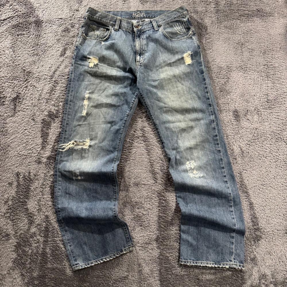 Mavi Marco 062 Mens Distressed Straight Leg Blue Jeans 36x32 Low Rise Rugged